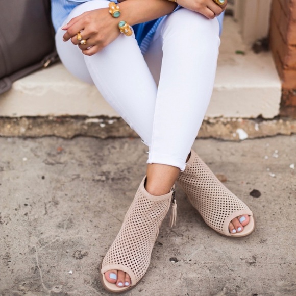 Perforated Tassel Zip Open Peep Toe Booties - Picture 2 of 10